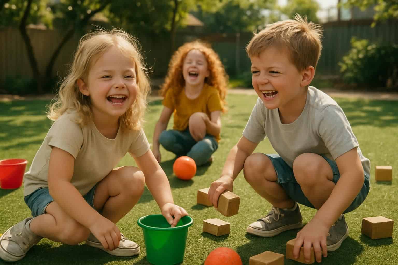 A joyful group of children plays on vibrant artificial grass, surrounded by colorful toys in a sunny outdoor area. A joyful group of children plays on vibrant artificial grass, surrounded by colorful toys in a sunny outdoor area.