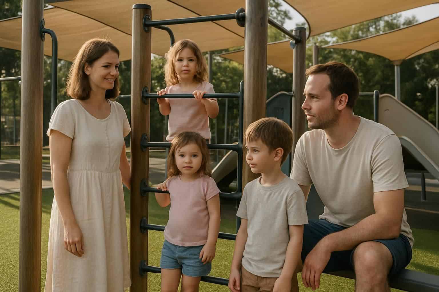 A family enjoys their time together in a renovated outdoor play area with climbing equipment and lush artificial grass. A family enjoys their time together in a renovated outdoor play area with climbing equipment and lush artificial grass.