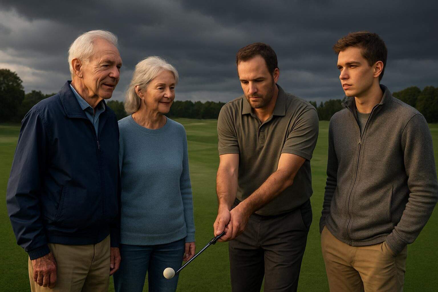 A three-generation family enjoys a game of golf on a lush, well-maintained course, embodying camaraderie and concentration. A three-generation family enjoys a game of golf on a lush, well-maintained course, embodying camaraderie and concentration.