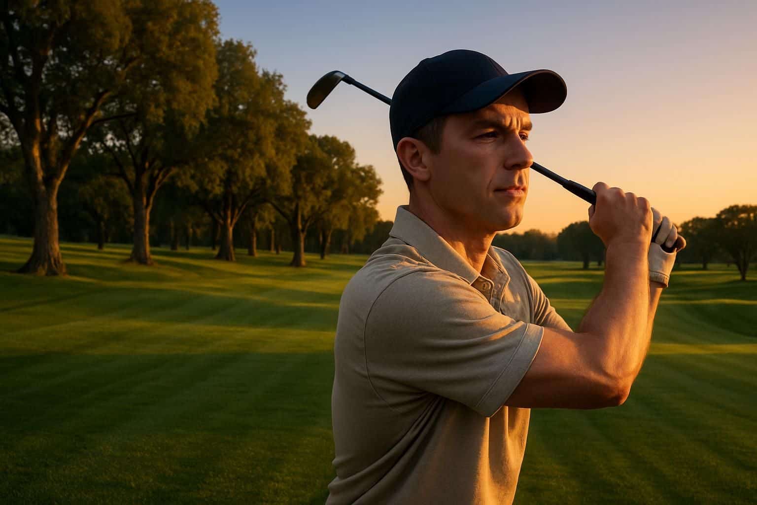 A golfer swings on a pristine green golf course at sunset, surrounded by mature oak trees and a tranquil atmosphere. A golfer swings on a pristine green golf course at sunset, surrounded by mature oak trees and a tranquil atmosphere.
