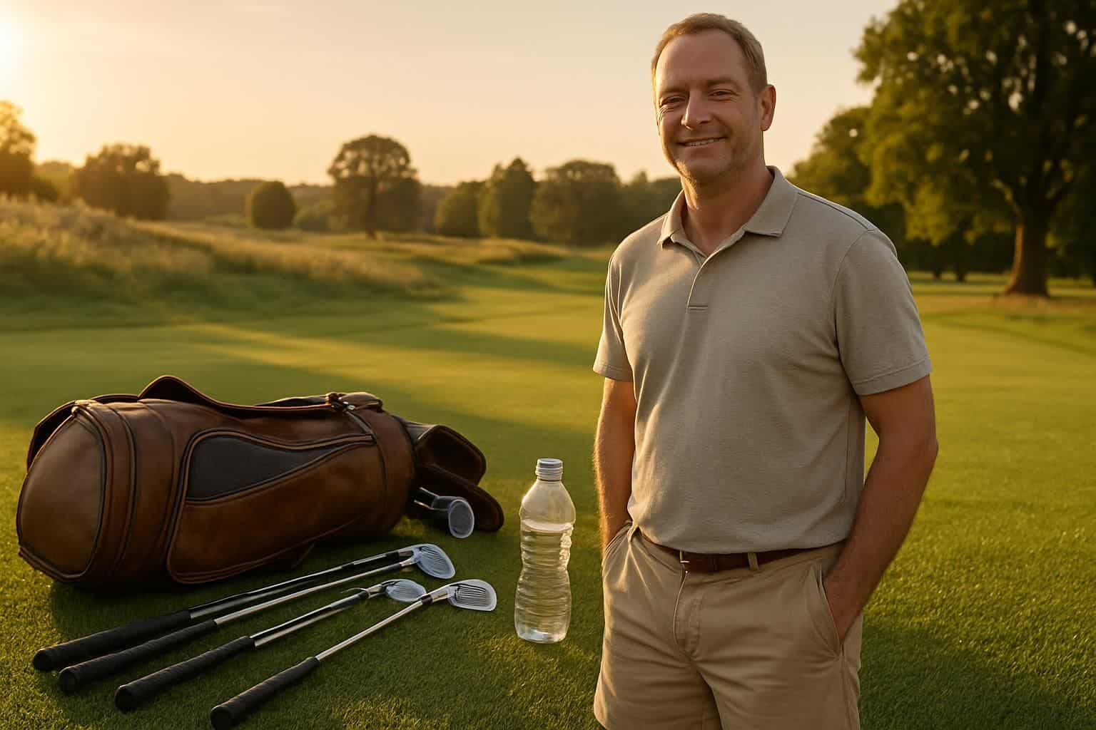 A relaxed golfer stands beside his well-used golf bag and clubs on a serene, lush golf course at sunset. A relaxed golfer stands beside his well-used golf bag and clubs on a serene, lush golf course at sunset.
