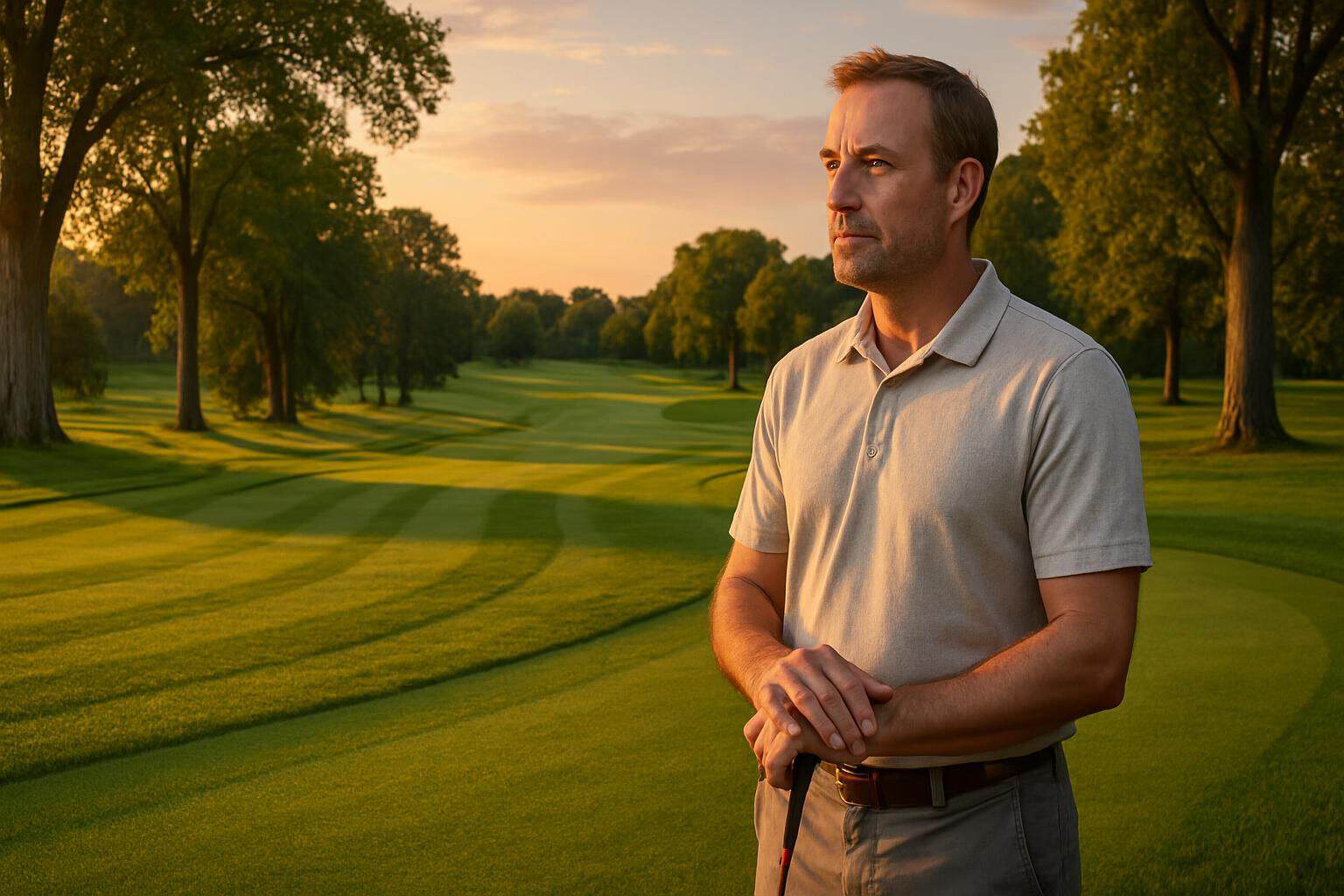 A man contemplates a peaceful golf course bordered by trees during golden hour, holding a golf club in hand. A man contemplates a peaceful golf course bordered by trees during golden hour, holding a golf club in hand.