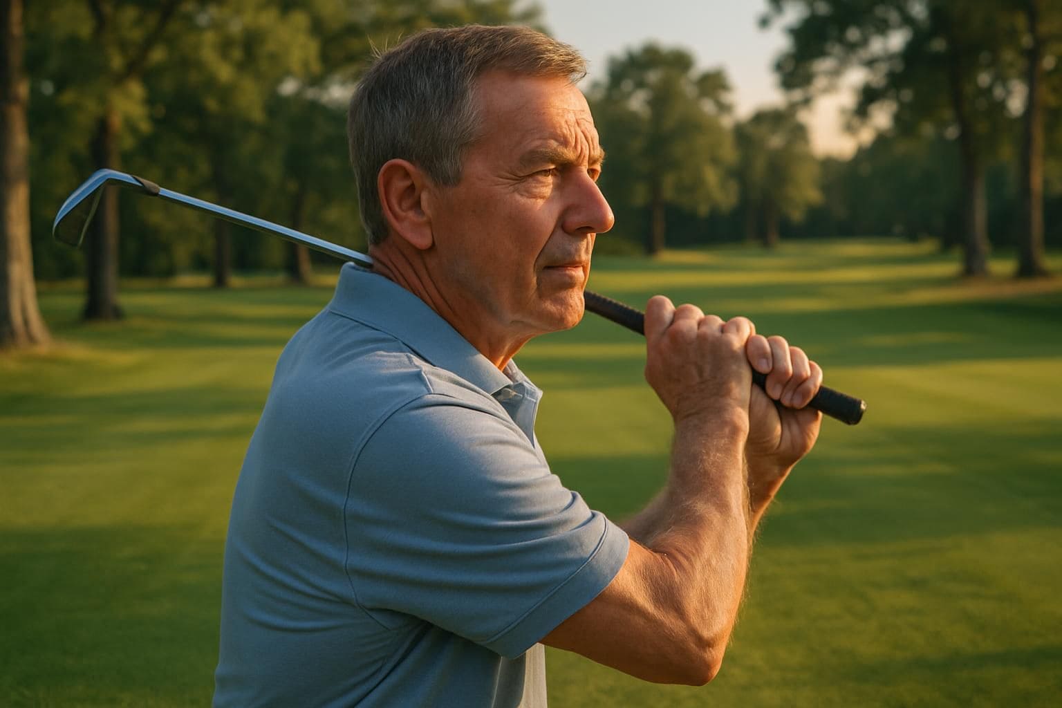 An older man swings a golf club on a well-maintained course surrounded by lush trees and grass. An older man swings a golf club on a well-maintained course surrounded by lush trees and grass.