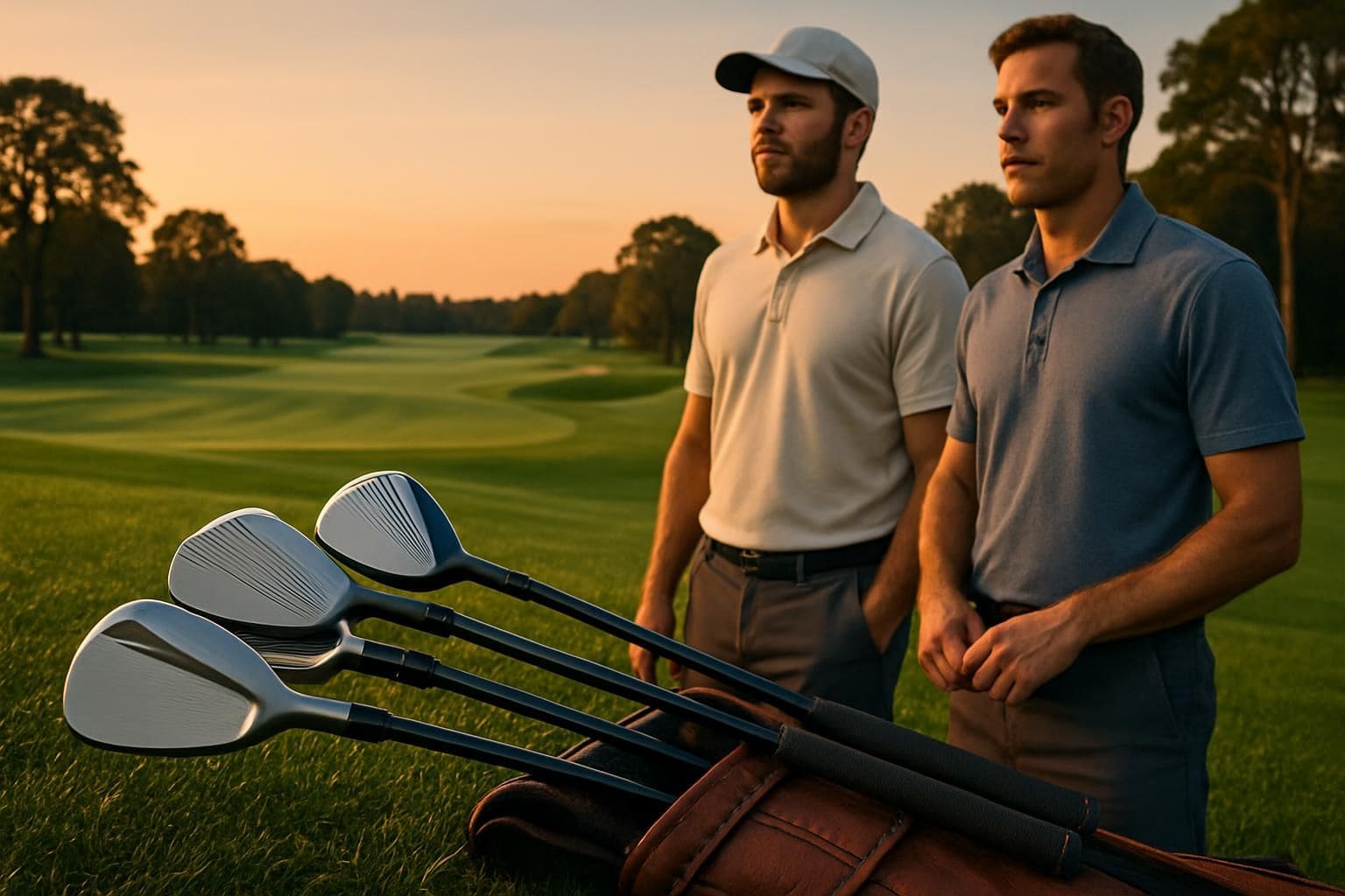 A serene golf course scene features advanced equipment and two golfers poised in anticipation, blending tradition and innovation. A serene golf course scene features advanced equipment and two golfers poised in anticipation, blending tradition and innovation.