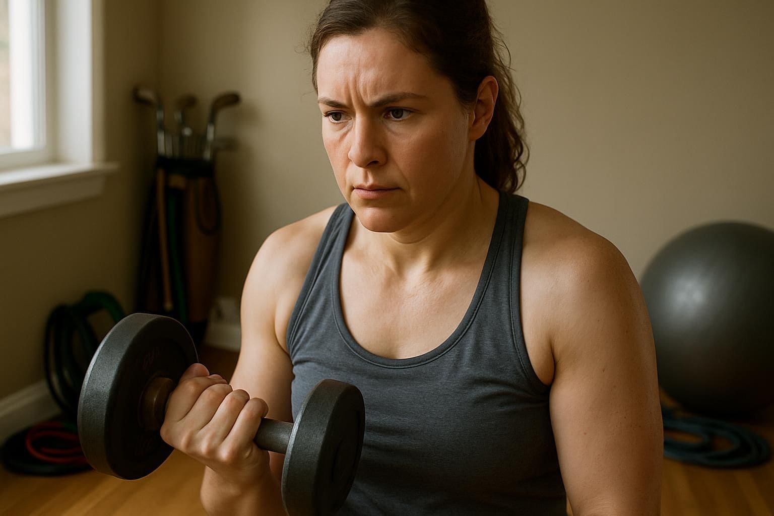 A determined woman trains in her home gym, gripping a dumbbell amidst neatly arranged fitness equipment.