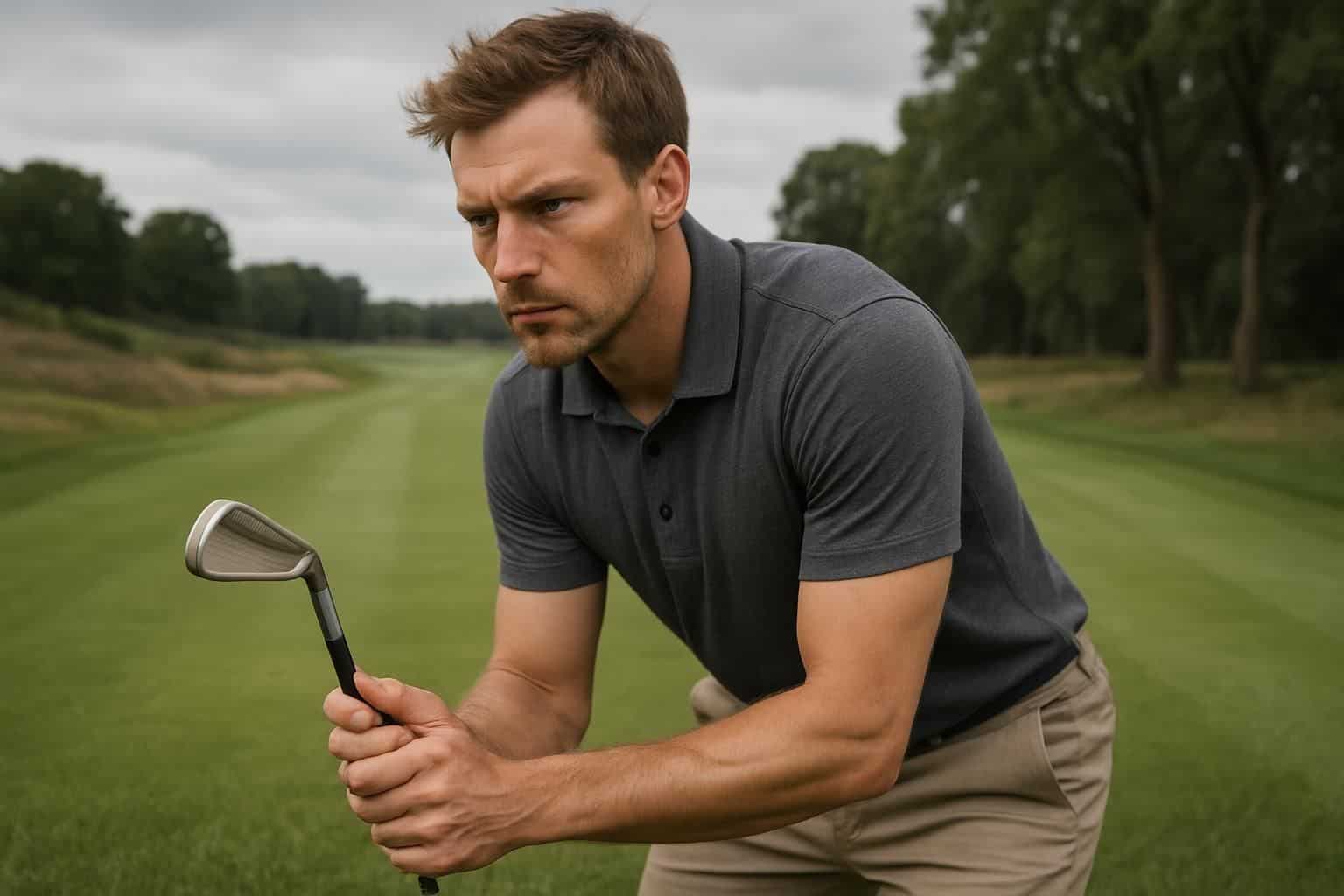A focused man prepares to take a golf shot on a challenging, well-maintained course surrounded by nature. A focused man prepares to take a golf shot on a challenging, well-maintained course surrounded by nature.