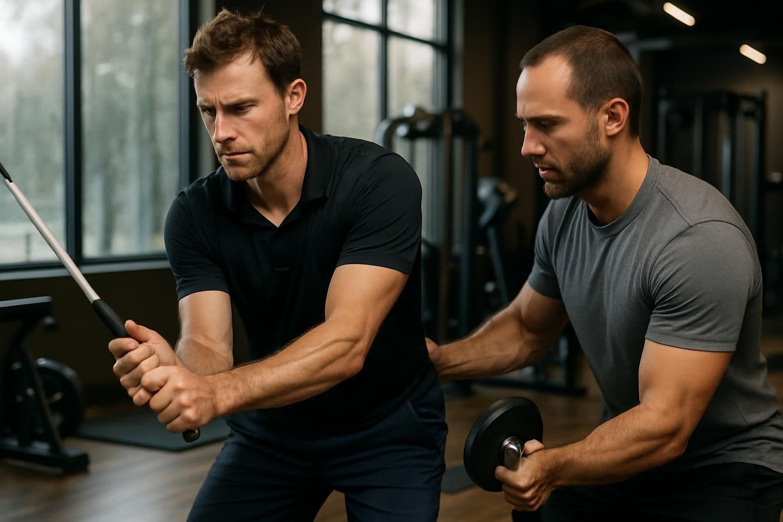 A focused male golfer trains in a modern gym, guided by a coach, emphasizing strength and technique. A focused male golfer trains in a modern gym, guided by a coach, emphasizing strength and technique.