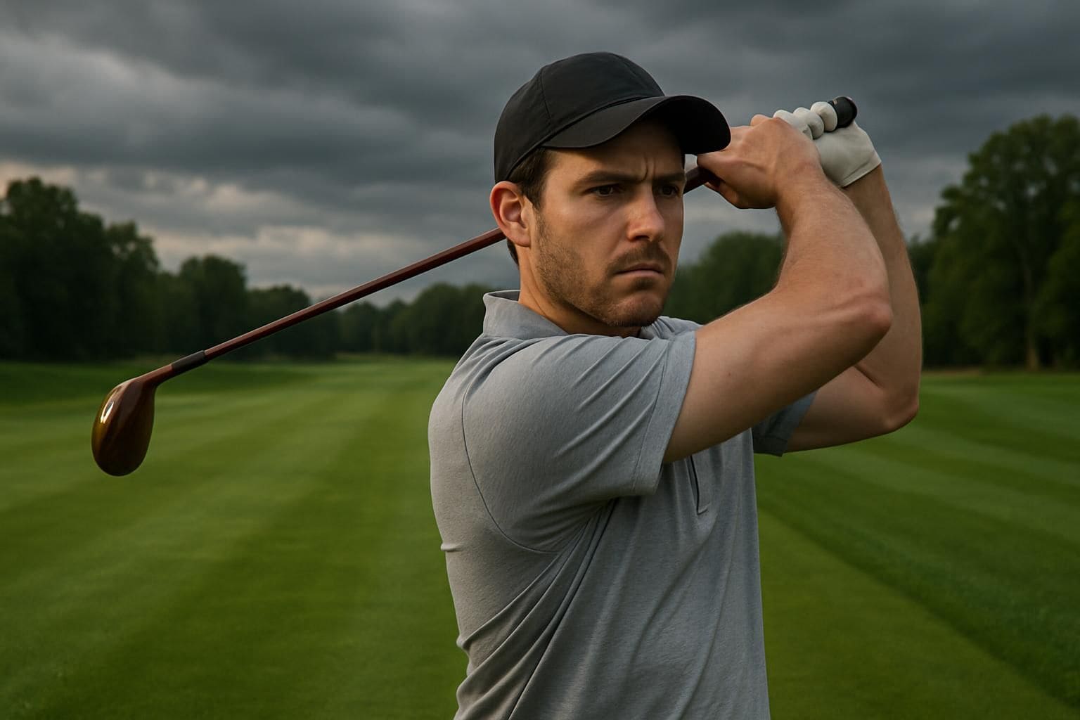 A focused man swings a golf club on a well-maintained course, showcasing his athletic build and determination. A focused man swings a golf club on a well-maintained course, showcasing his athletic build and determination.