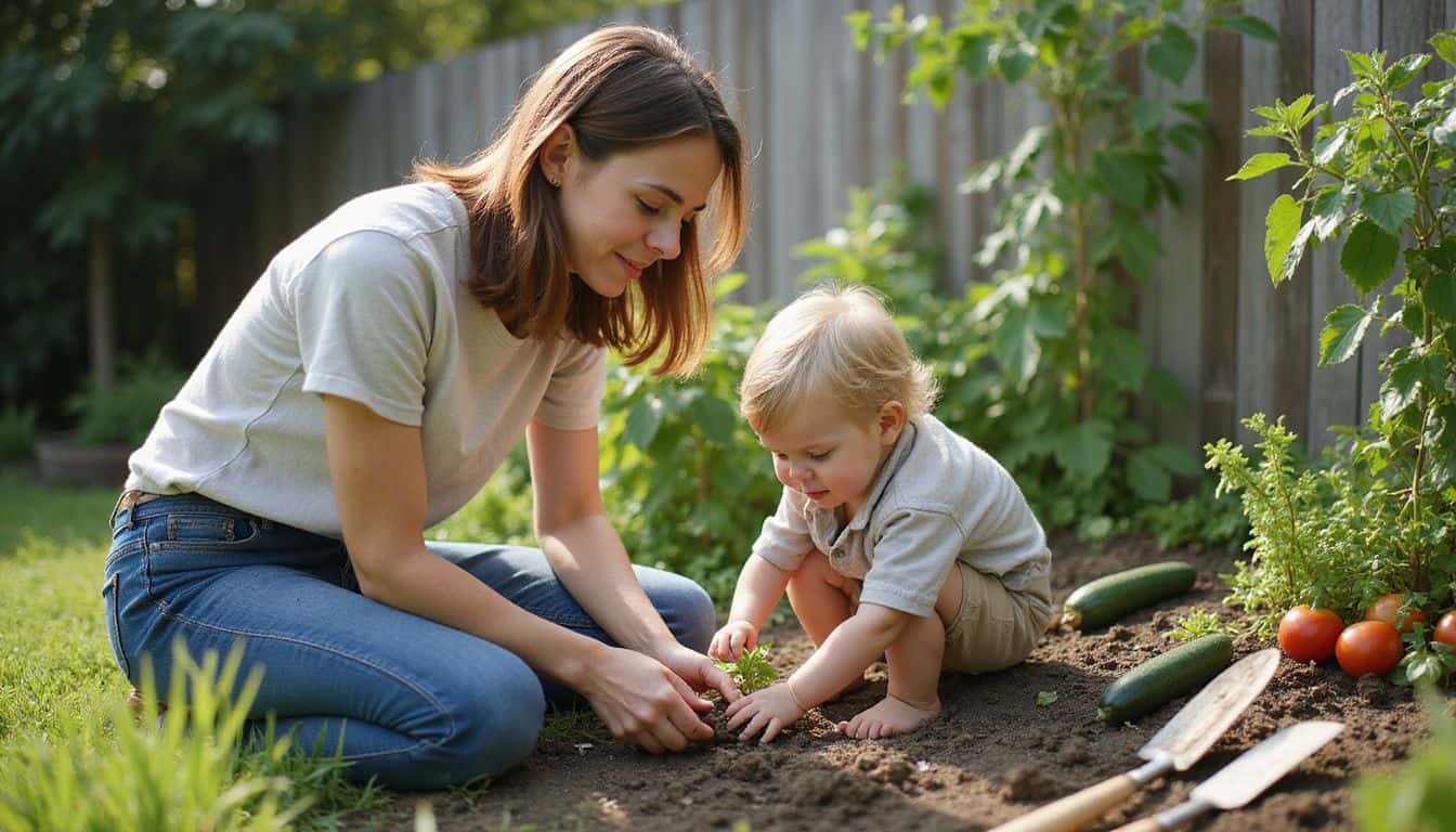 A mother and her young child joyfully garden together, planting seedlings in their vibrant backyard vegetable garden. A mother and her young child joyfully garden together, planting seedlings in their vibrant backyard vegetable garden.