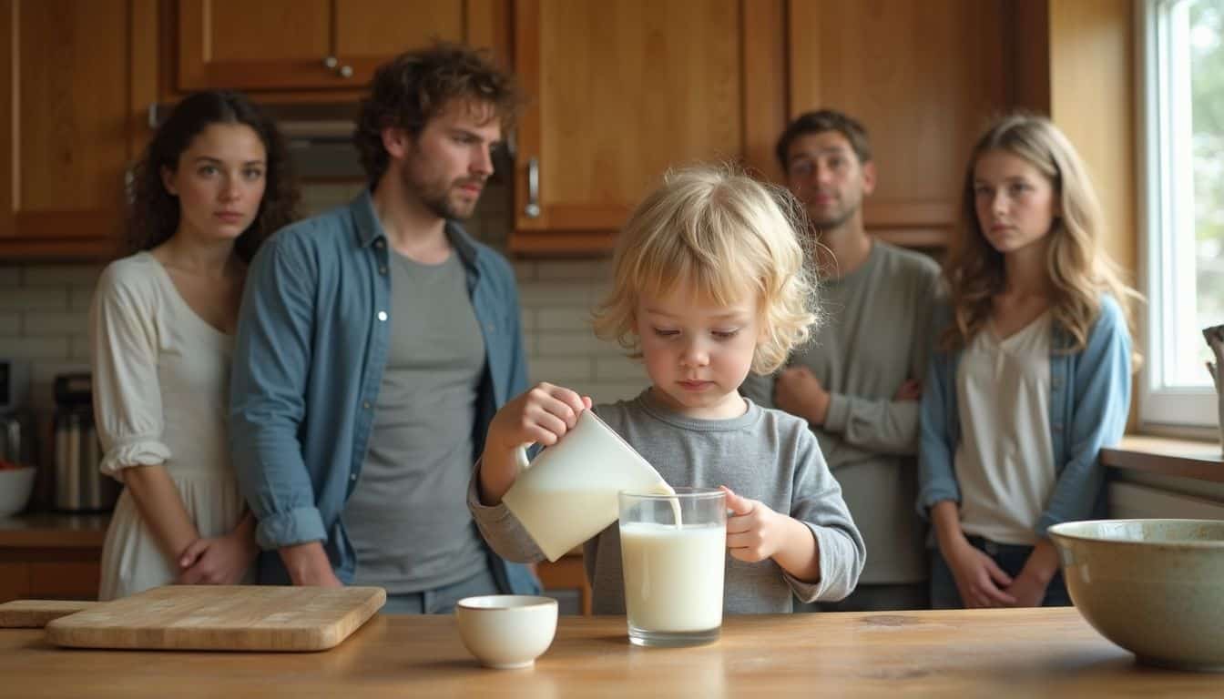A child carefully pours milk into a glass, surrounded by attentive family members in a cozy kitchen setting. A child carefully pours milk into a glass, surrounded by attentive family members in a cozy kitchen setting.