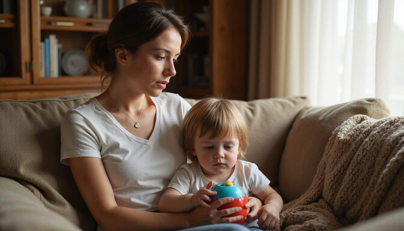 A mother calmly addresses her frustrated child in a cozy living room filled with warmth and textured comforts. A mother calmly addresses her frustrated child in a cozy living room filled with warmth and textured comforts.