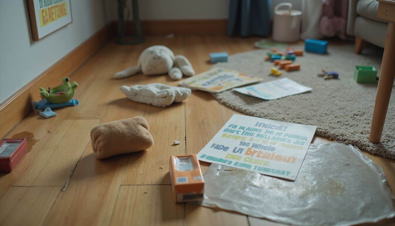 A cozy living room filled with children's toys, a spilled juice box, and a fatigued adult reflecting everyday family life. A cozy living room filled with children's toys, a spilled juice box, and a fatigued adult reflecting everyday family life.