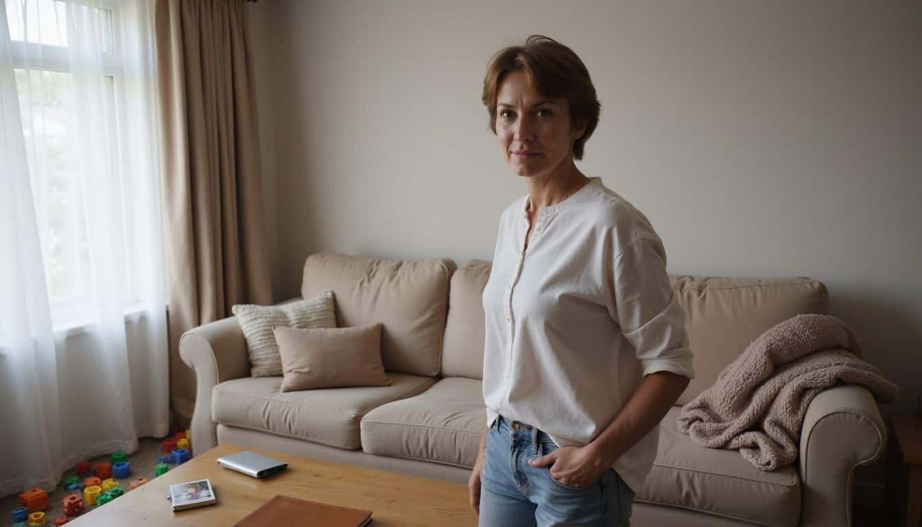 A mother stands in a cozy living room, embodying a balance of care and discipline amid everyday family chaos. A mother stands in a cozy living room, embodying a balance of care and discipline amid everyday family chaos.