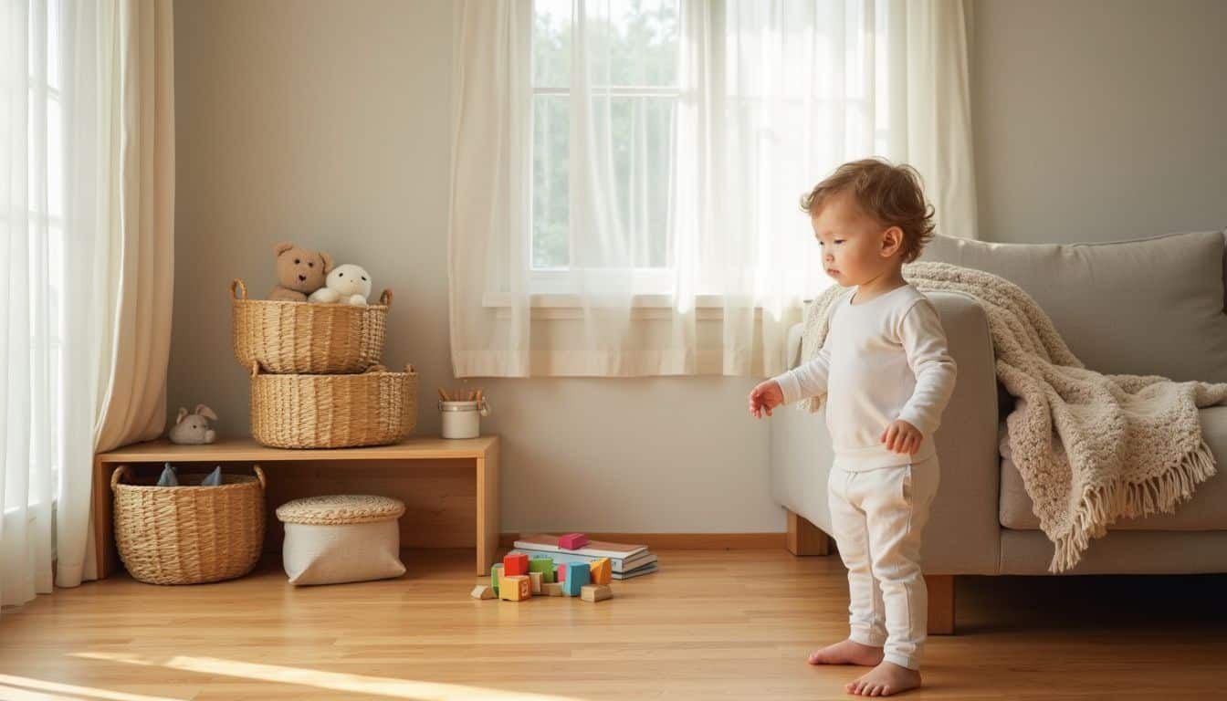 A tidy living room features organized toys, a cozy sofa, and a serene child in a moment of quiet reflection. A tidy living room features organized toys, a cozy sofa, and a serene child in a moment of quiet reflection.