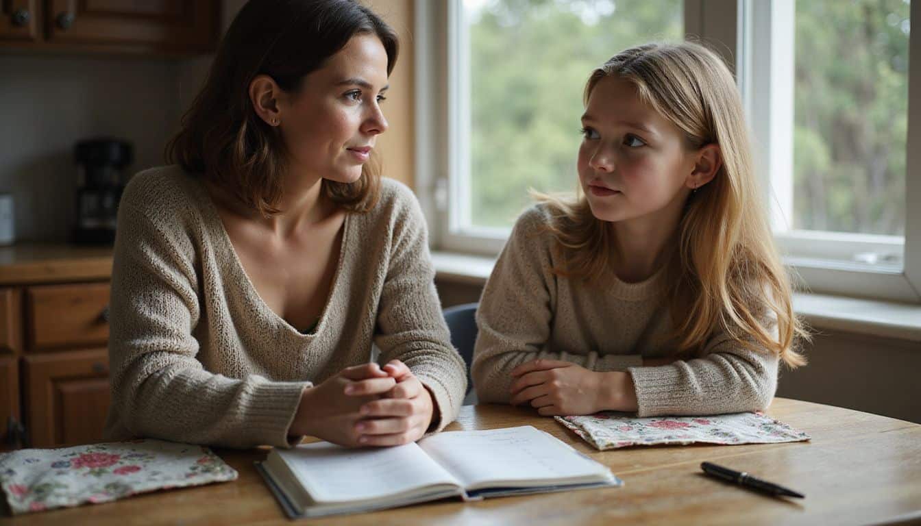 A mother and daughter share a heartfelt conversation at a kitchen table filled with everyday items. A mother and daughter share a heartfelt conversation at a kitchen table filled with everyday items.