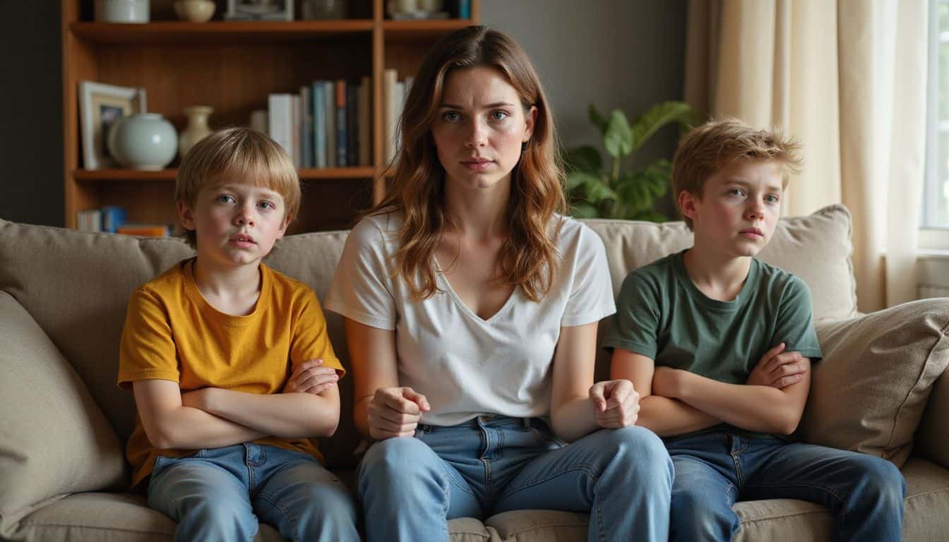 A weary mother confronts her frustrated children in a modest living room, highlighting familial tension and emotional conflict. A weary mother confronts her frustrated children in a modest living room, highlighting familial tension and emotional conflict.