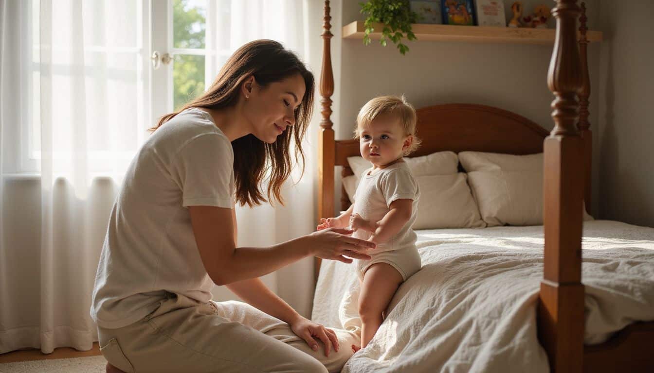 A mother kneels beside her toddler in a cozy bedroom, sharing a tender moment before bedtime. A mother kneels beside her toddler in a cozy bedroom, sharing a tender moment before bedtime.