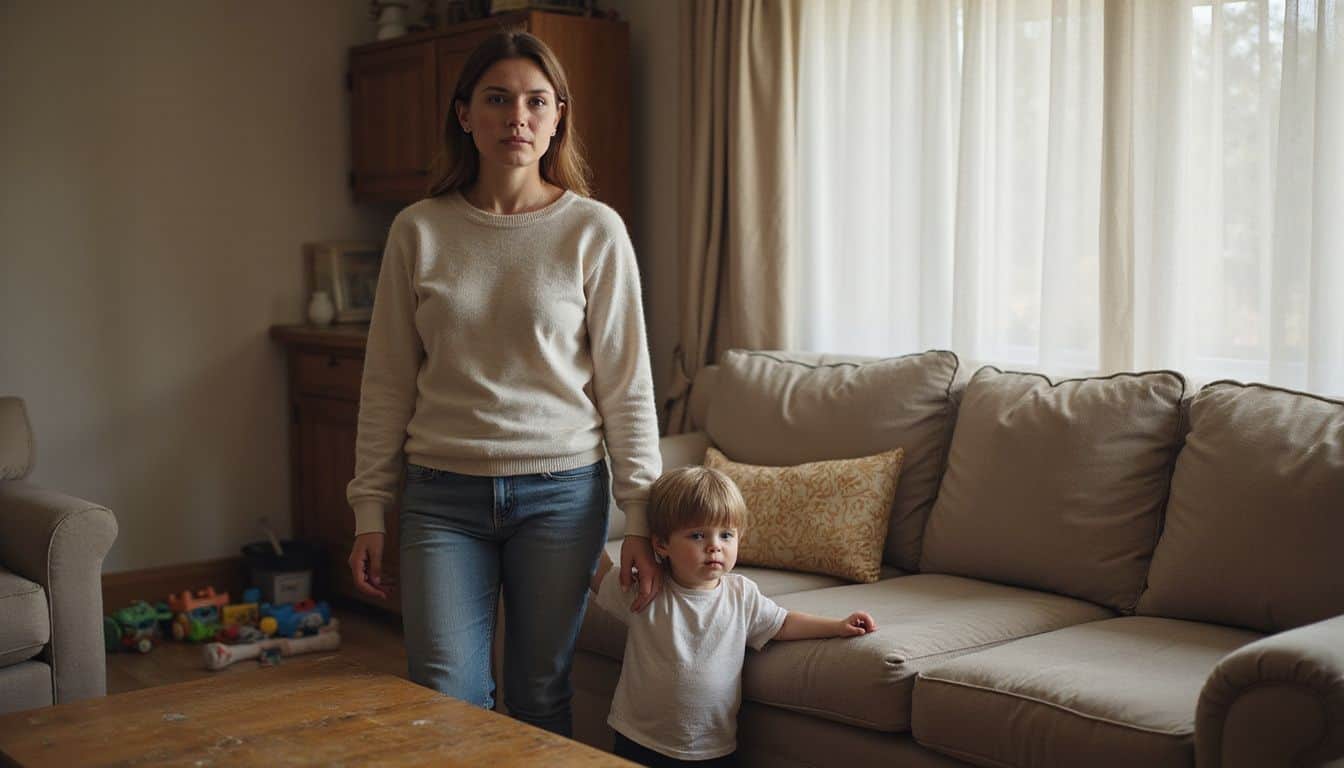 A woman stands confidently beside a contemplative child in a cozy, well-lived-in living room filled with warmth and care. A woman stands confidently beside a contemplative child in a cozy, well-lived-in living room filled with warmth and care.