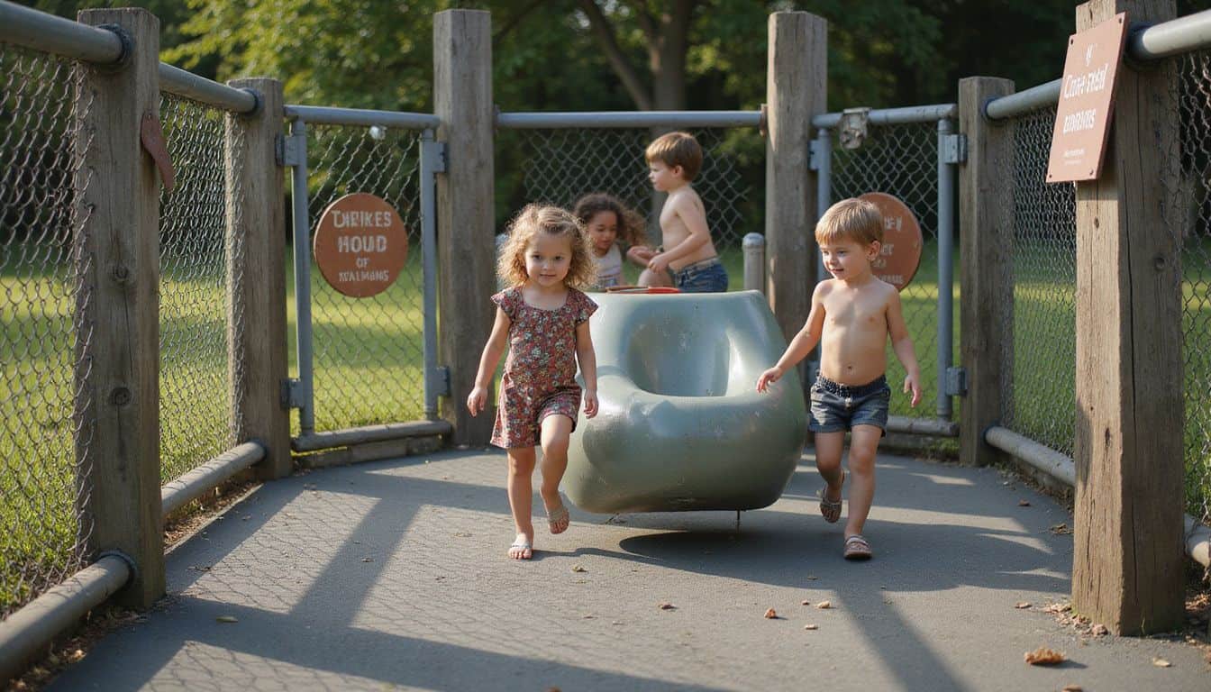 A playground filled with children playing on weathered equipment, surrounded by signs and uneven grass. A playground filled with children playing on weathered equipment, surrounded by signs and uneven grass.