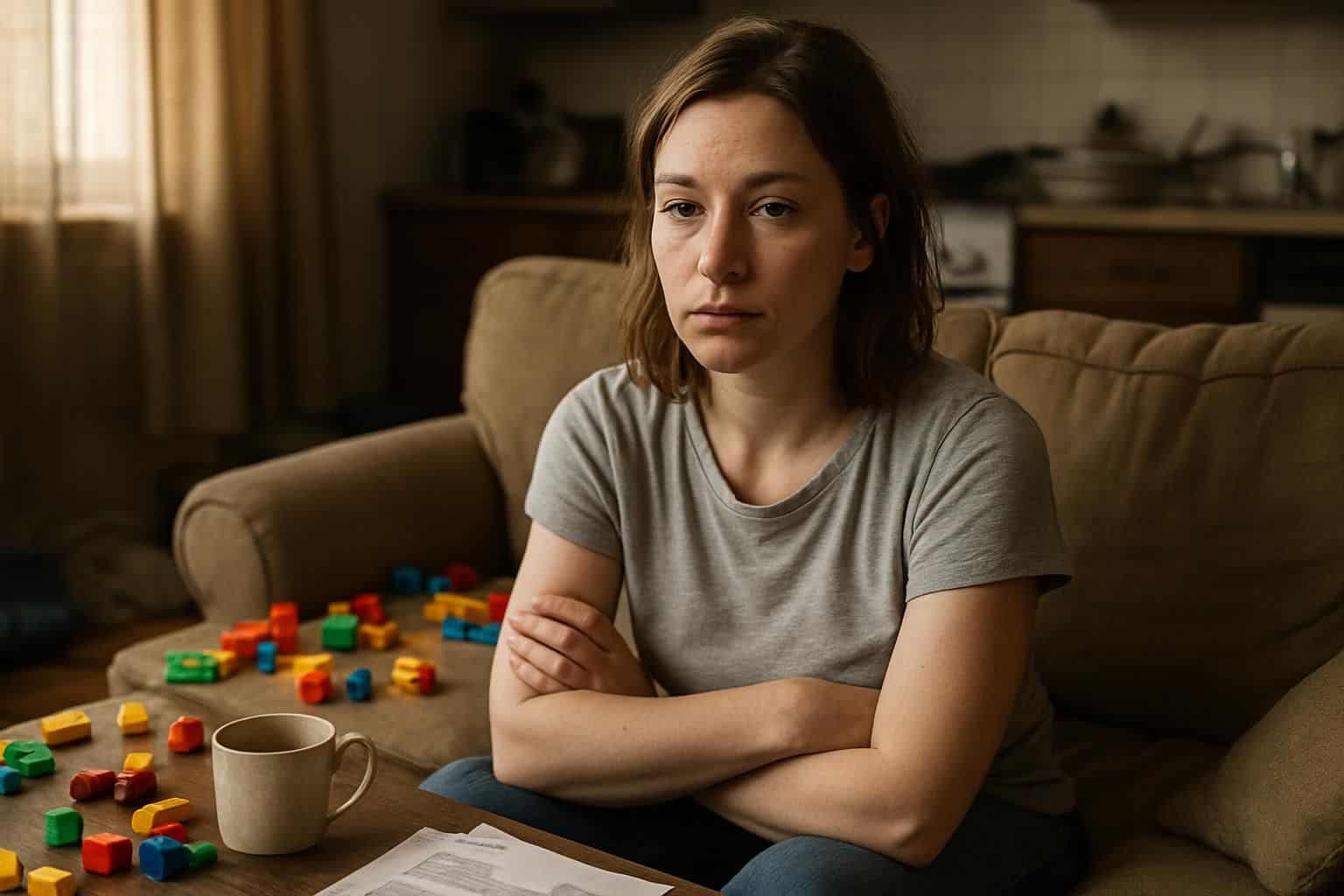 A weary woman sits on a cluttered sofa, reflecting deep overwhelm amid the chaos of daily life.