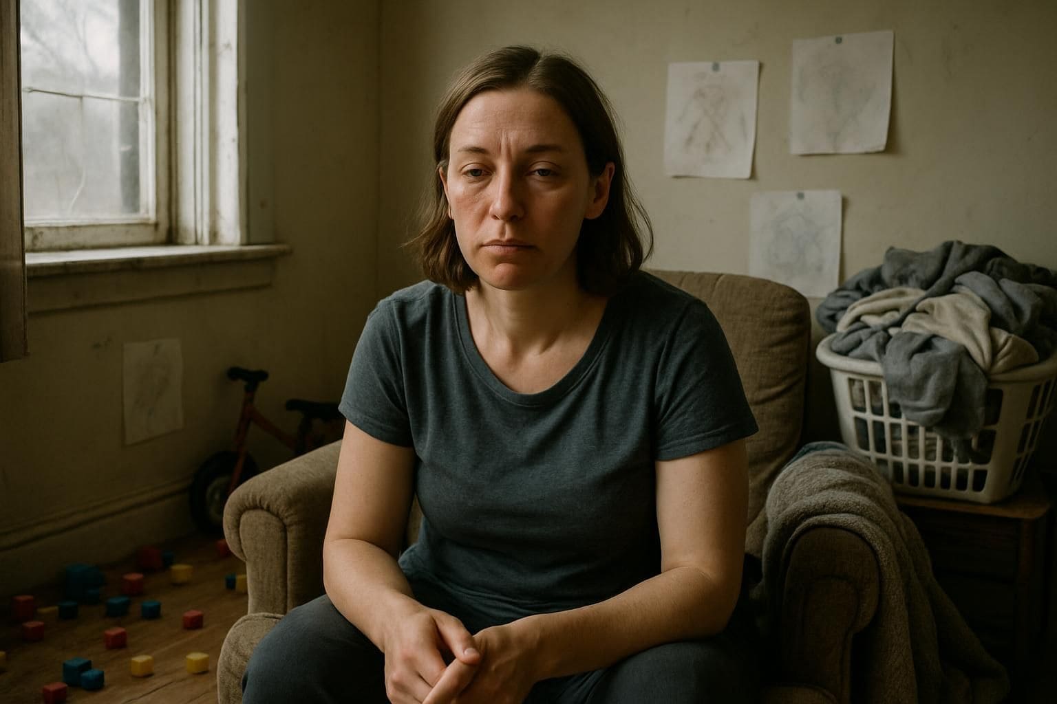 A weary woman sits in a cluttered room, embodying the exhaustion of daily responsibilities and motherhood.