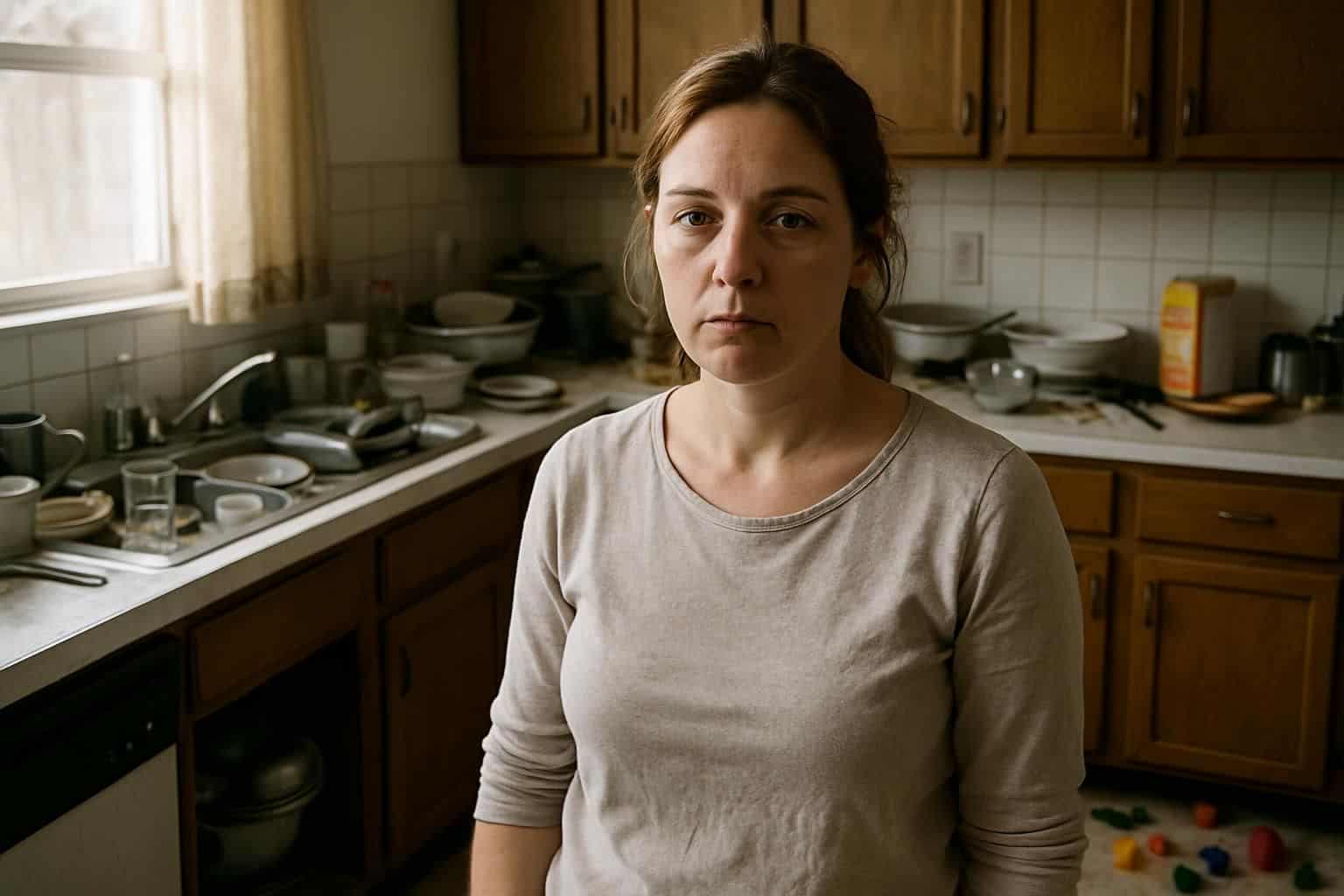 A woman stands in a cluttered kitchen, visibly fatigued and frustrated amidst unwashed dishes and scattered toys.