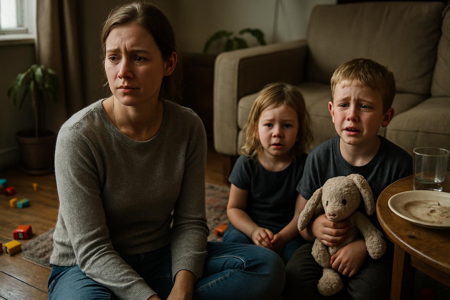 A distressed woman sits on the floor with her tearful children, surrounded by a cluttered living room reflecting everyday chaos.