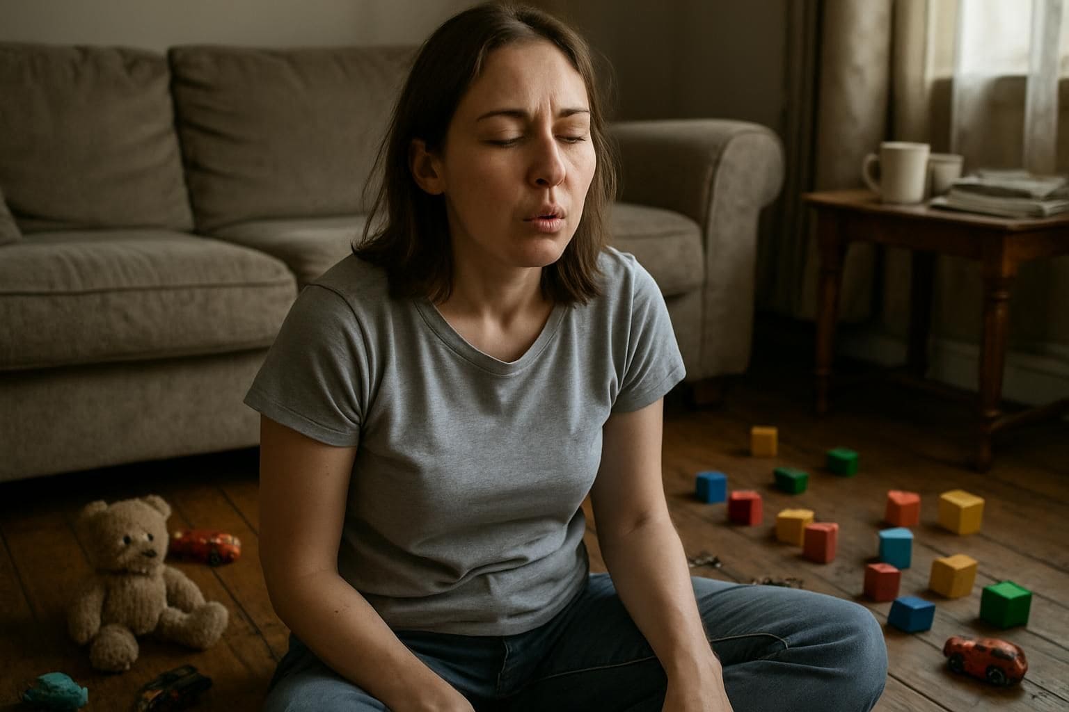 A woman sits on a worn floor, surrounded by toys, expressing concentration and quiet fatigue in a cluttered living room.