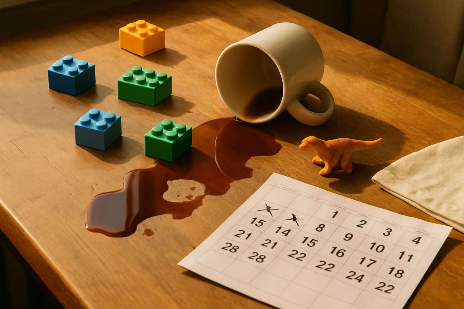 A wooden kitchen table is cluttered with a spilled coffee mug, children's toys, and a crumpled paper calendar.