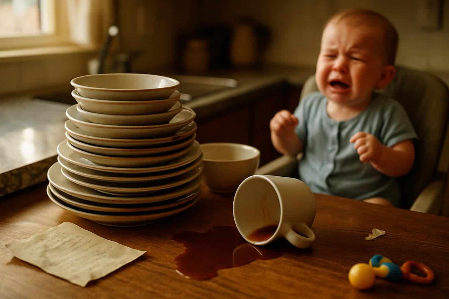 A cluttered kitchen counter features stacked dishes, a spilled coffee cup, and a crying baby in a high chair.