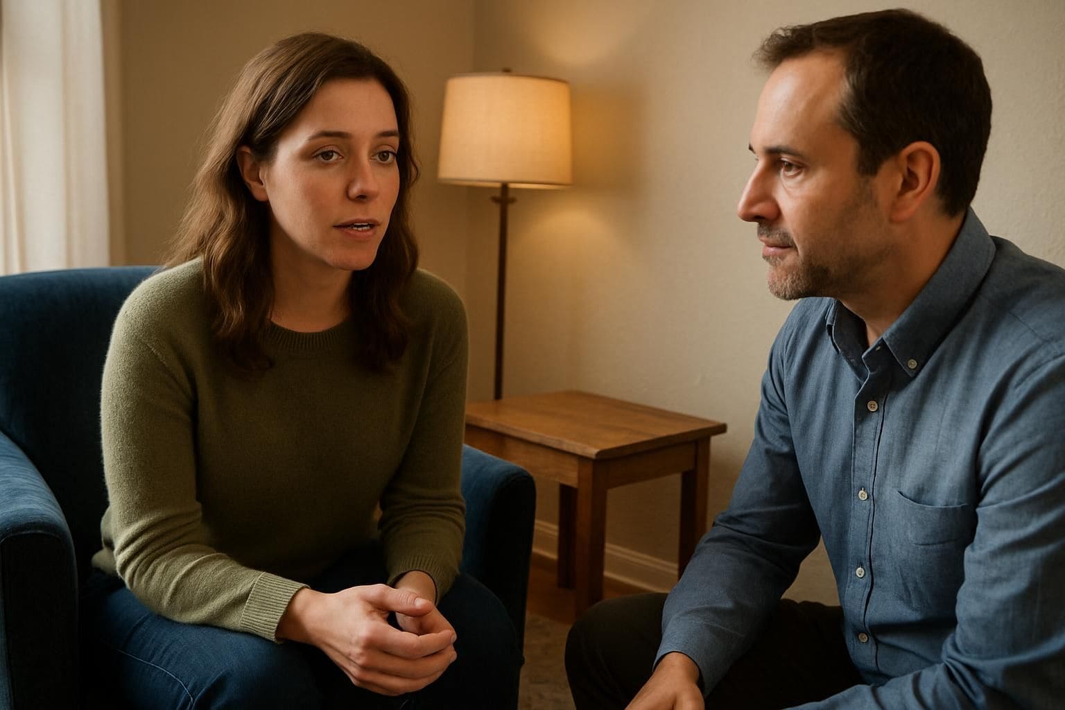 A woman engages in a thoughtful conversation with her therapist in a cozy, inviting therapy office.