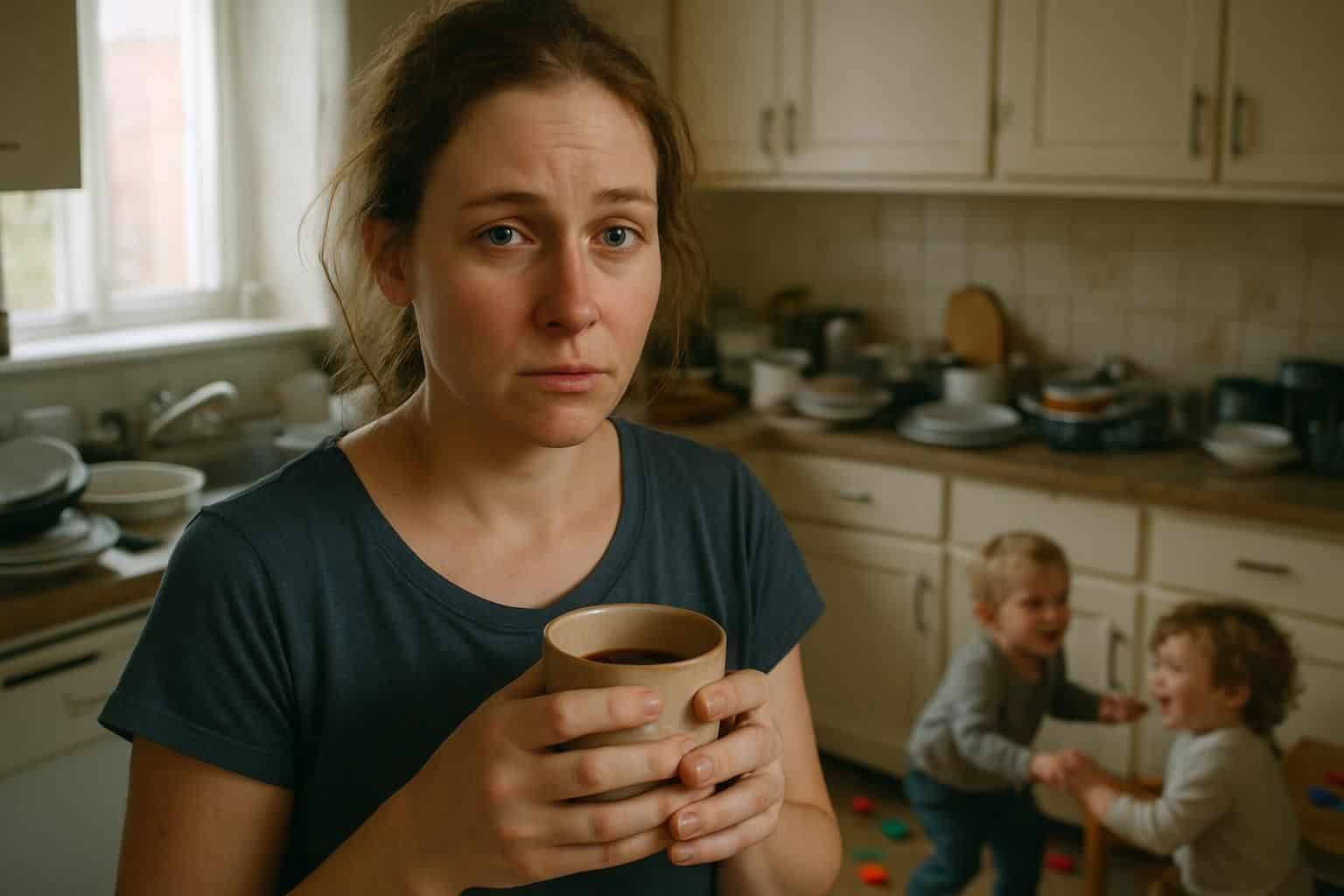 A weary mother clutches a coffee cup amidst a chaotic kitchen filled with playful toddlers and scattered toys.