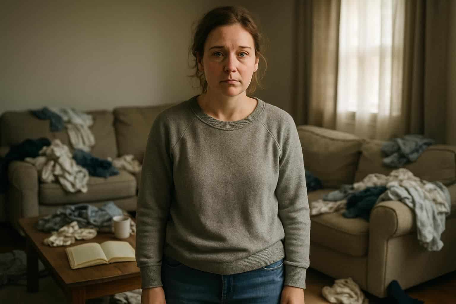 A weary woman stands in a cluttered living room, surrounded by everyday items that reflect her busy life.