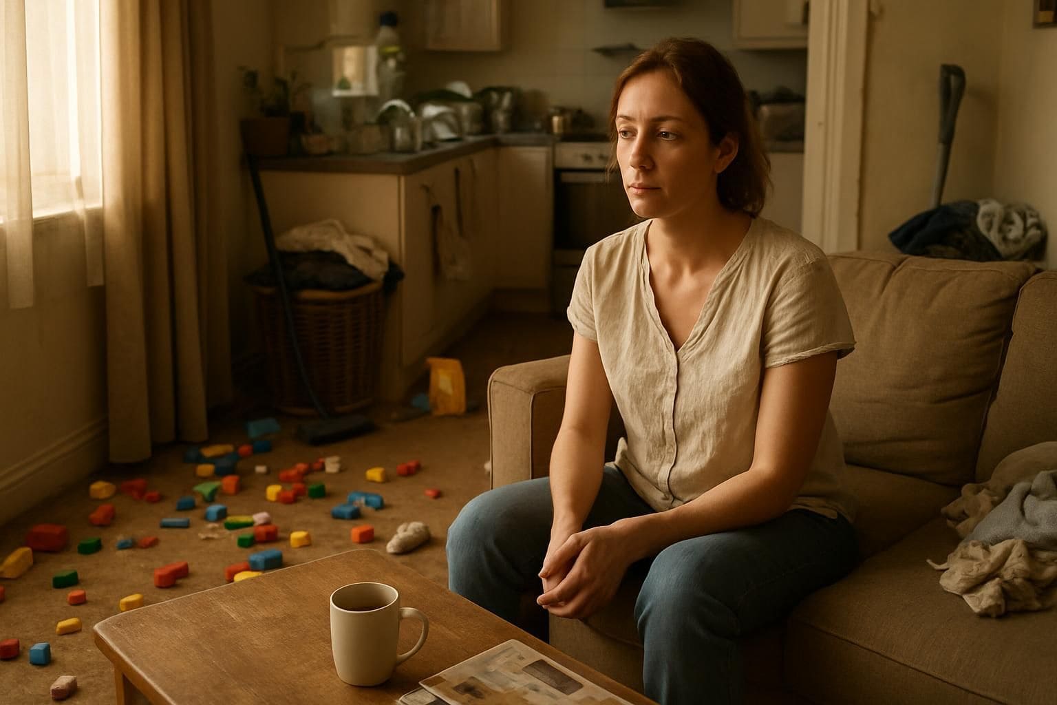 A weary mother sits in a cluttered living room, reflecting the chaos and demands of daily life.