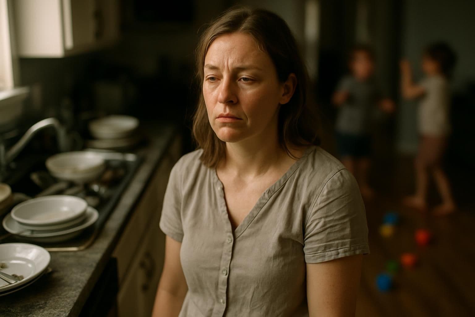 A weary woman stands in a cluttered kitchen, overwhelmed by the demands of everyday life and her children.