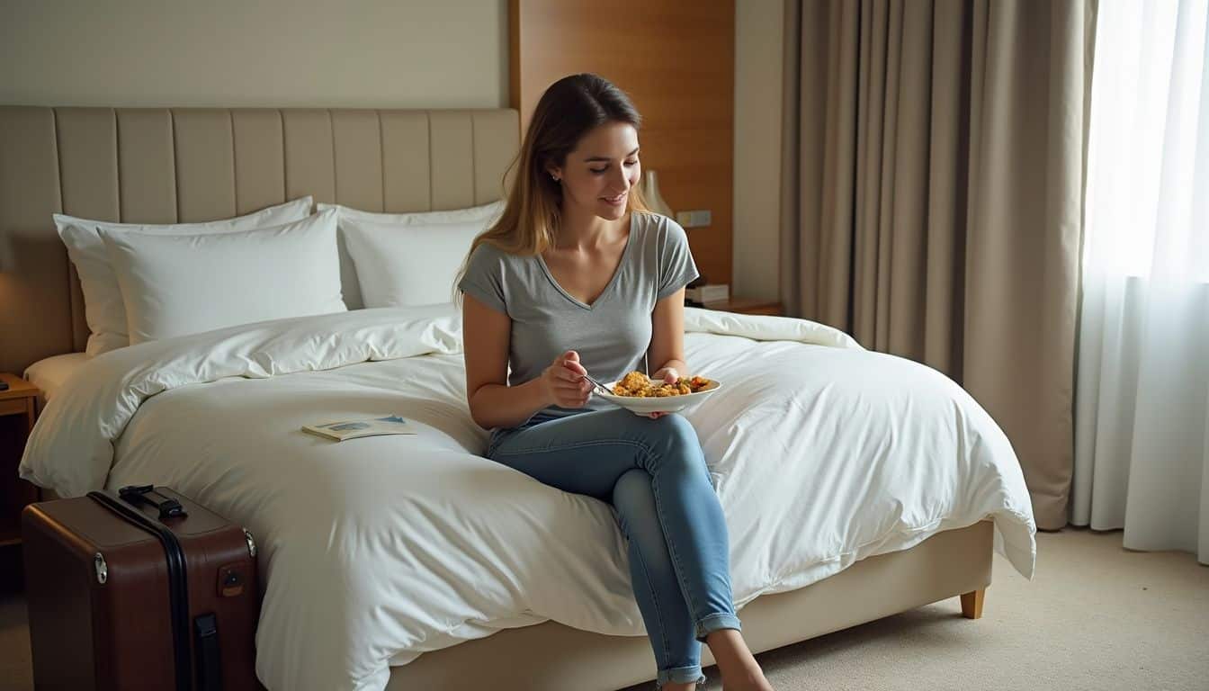 A woman sits comfortably on a hotel bed, enjoying a meal and relaxing. A woman sits comfortably on a hotel bed, enjoying a meal and relaxing.