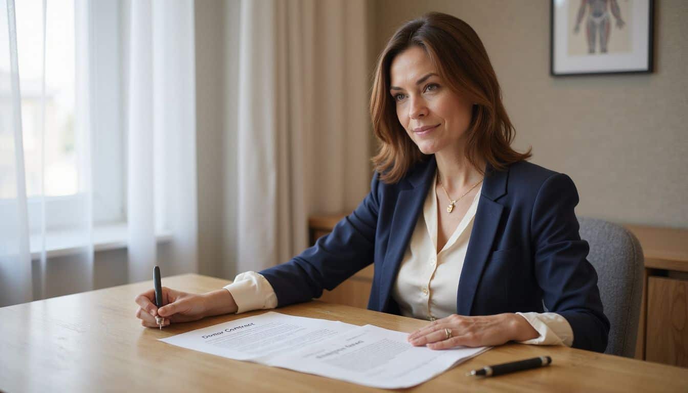 A woman sits in a modern fertility clinic office with a donor contract document on the desk. A woman sits in a modern fertility clinic office with a donor contract document on the desk.