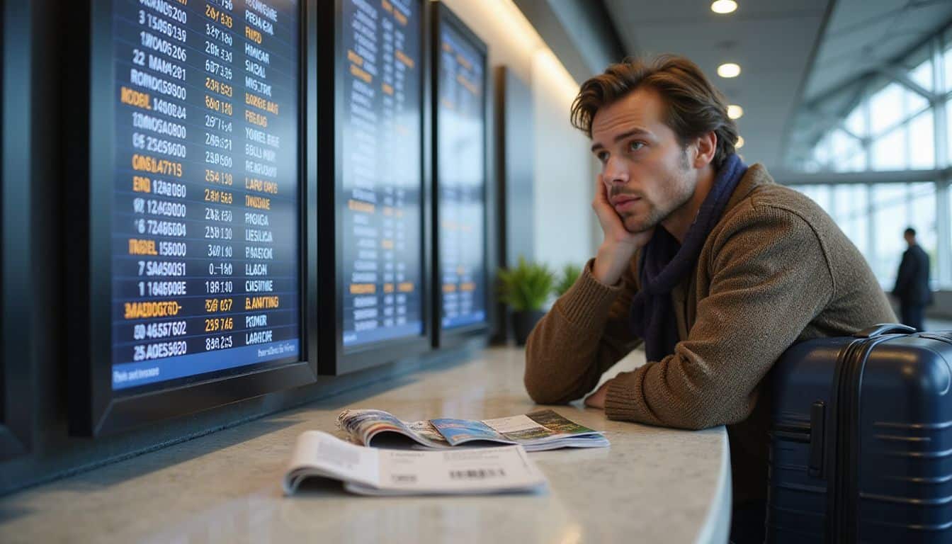 A traveler prepares for a trip with a suitcase, brochures, and a health insurance card at an airport. A traveler prepares for a trip with a suitcase, brochures, and a health insurance card at an airport.