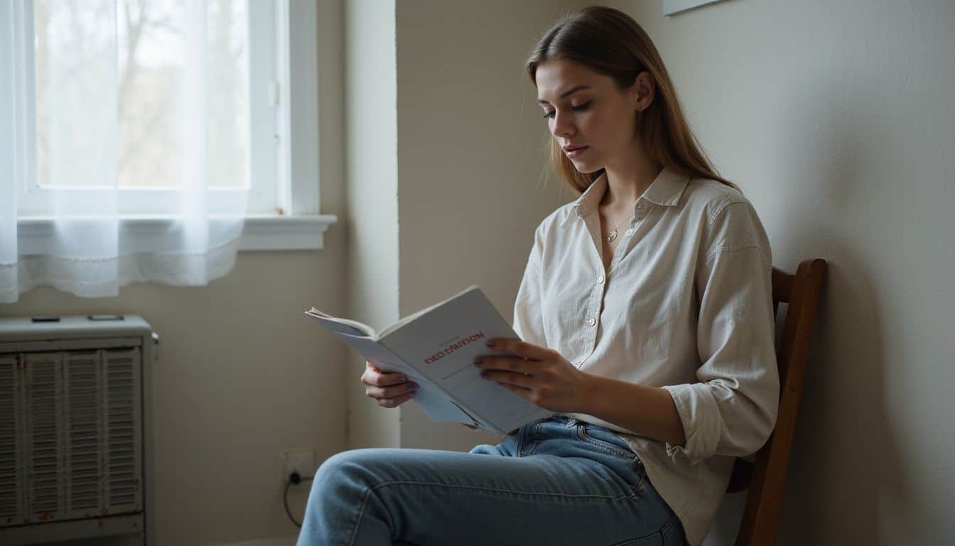 A young woman sits in a waiting room, looking through a brochure on egg donation mental health screening. A young woman sits in a waiting room, looking through a brochure on egg donation mental health screening.