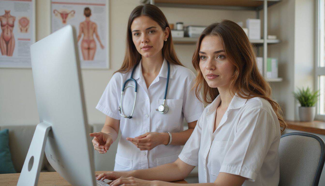 A young woman consults with a nurse in a modern doctor's office. A young woman consults with a nurse in a modern doctor's office.