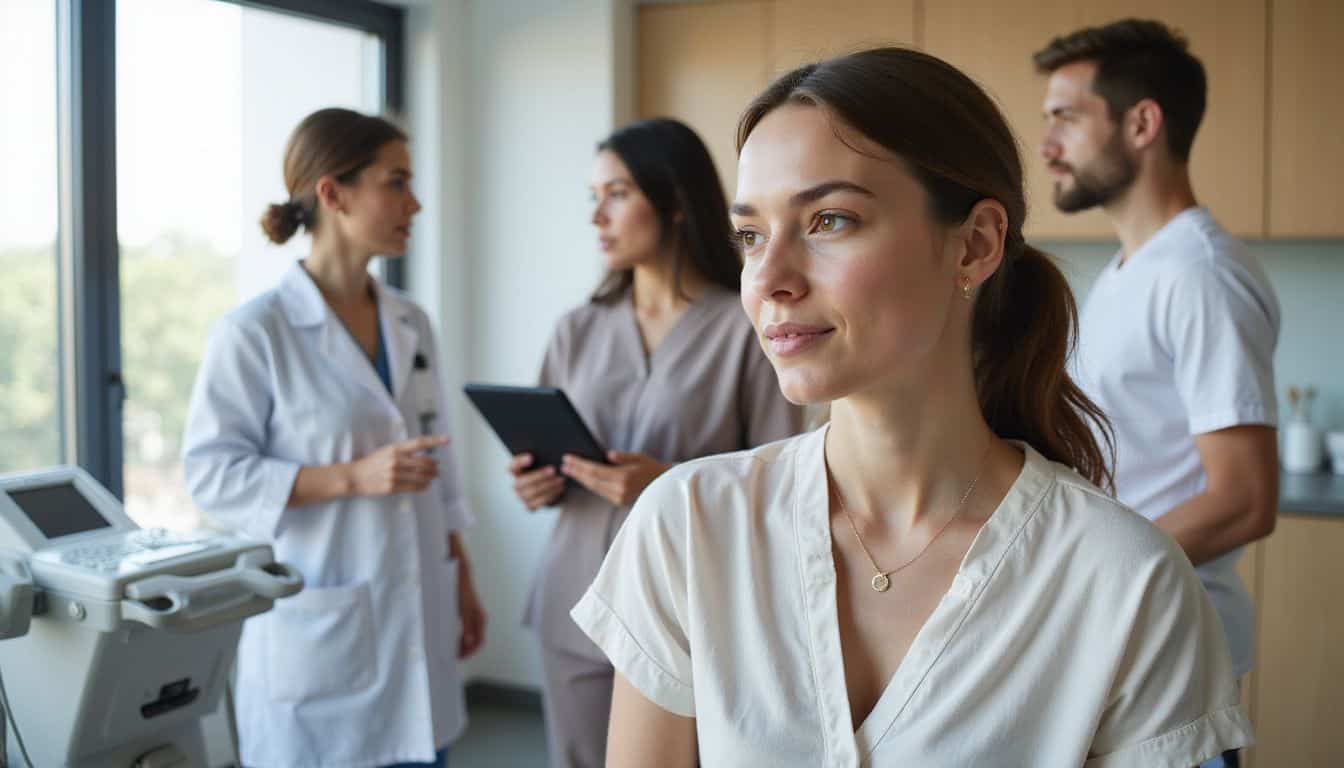 A young woman sits in a modern fertility clinic surrounded by medical professionals discussing her treatment plan. A young woman sits in a modern fertility clinic surrounded by medical professionals discussing her treatment plan.