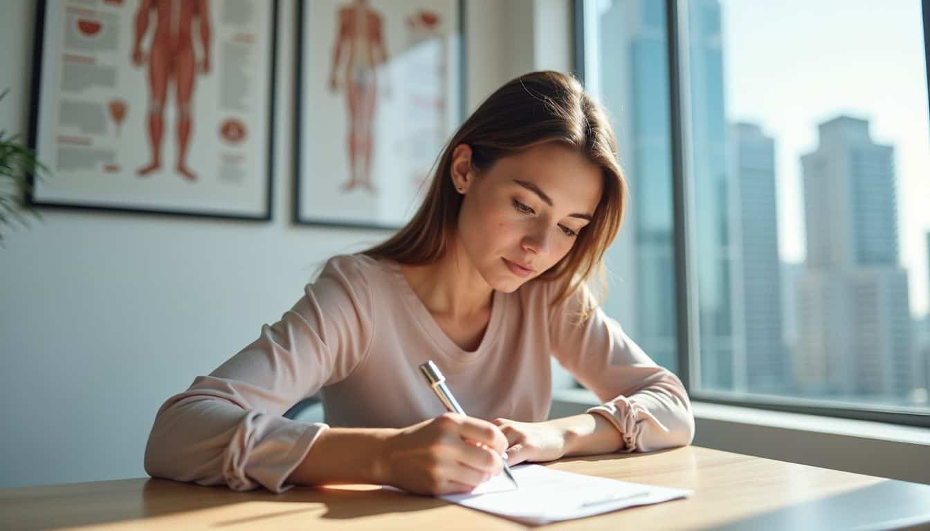 A young woman in a medical office, signing paperwork with focused concentration. A young woman in a medical office, signing paperwork with focused concentration.