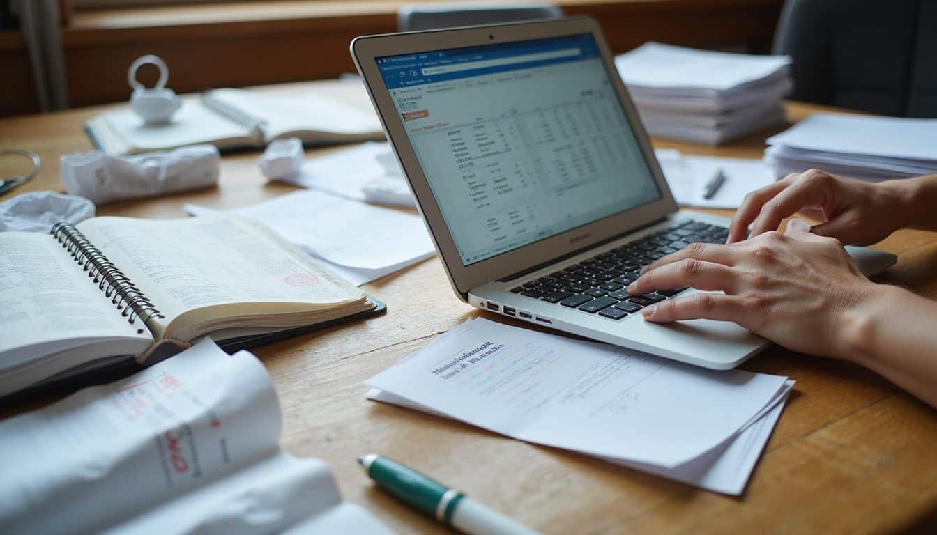 A cluttered office desk with open laptop, financial spreadsheets, calendar, and reimbursement guide, showing signs of organized chaos. A cluttered office desk with open laptop, financial spreadsheets, calendar, and reimbursement guide, showing signs of organized chaos.