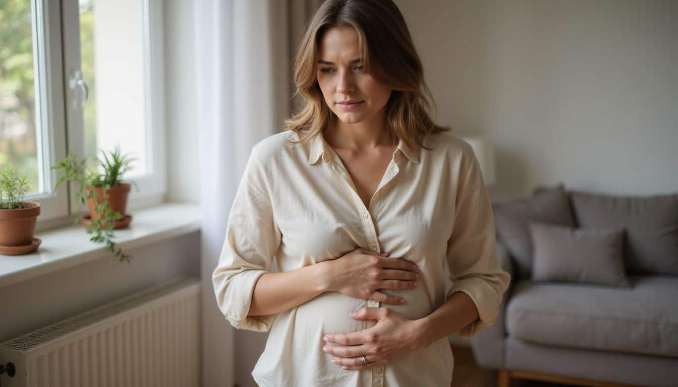 A young woman in a pale blouse stands in a softly lit living room, gently cradling her lower abdomen with a pensive expression. A young woman in a pale blouse stands in a softly lit living room, gently cradling her lower abdomen with a pensive expression.
