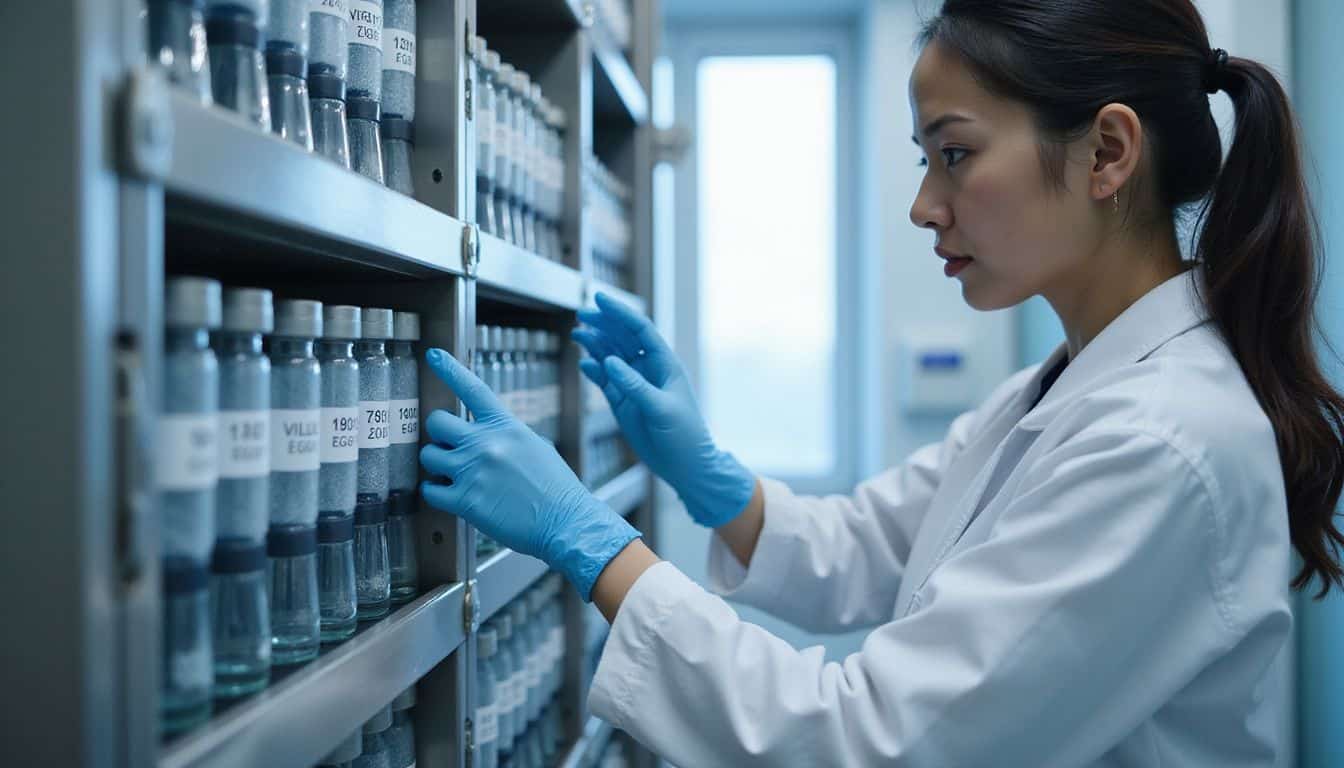 A meticulously organized cryogenic storage facility with rows of preserved human eggs in labeled cryovials. A meticulously organized cryogenic storage facility with rows of preserved human eggs in labeled cryovials.