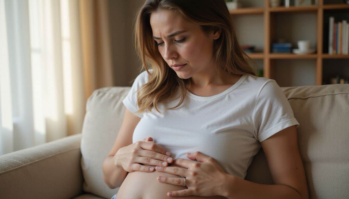 A young woman sits on a beige couch, clutching her bloated abdomen with a pained expression. A young woman sits on a beige couch, clutching her bloated abdomen with a pained expression.