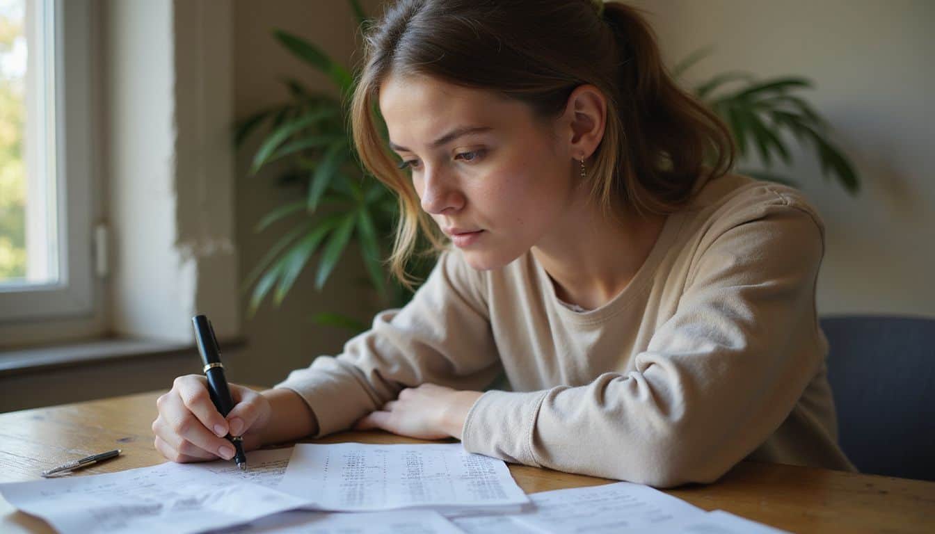 A young woman is seated at a desk, calculating egg donation expenses with intense focus. A young woman is seated at a desk, calculating egg donation expenses with intense focus.