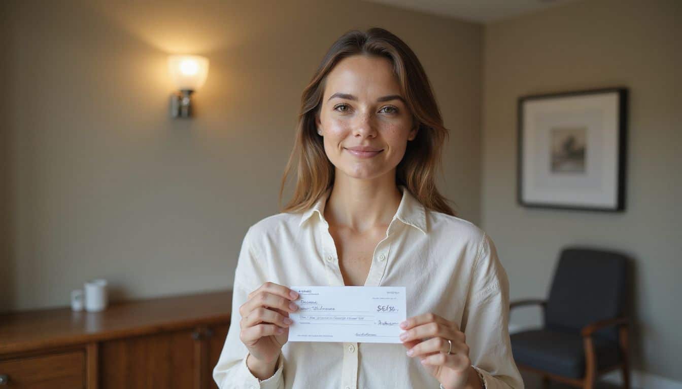 A woman in her late 20s stands in a fertility clinic office holding a $75 check with a hopeful smile. A woman in her late 20s stands in a fertility clinic office holding a $75 check with a hopeful smile.