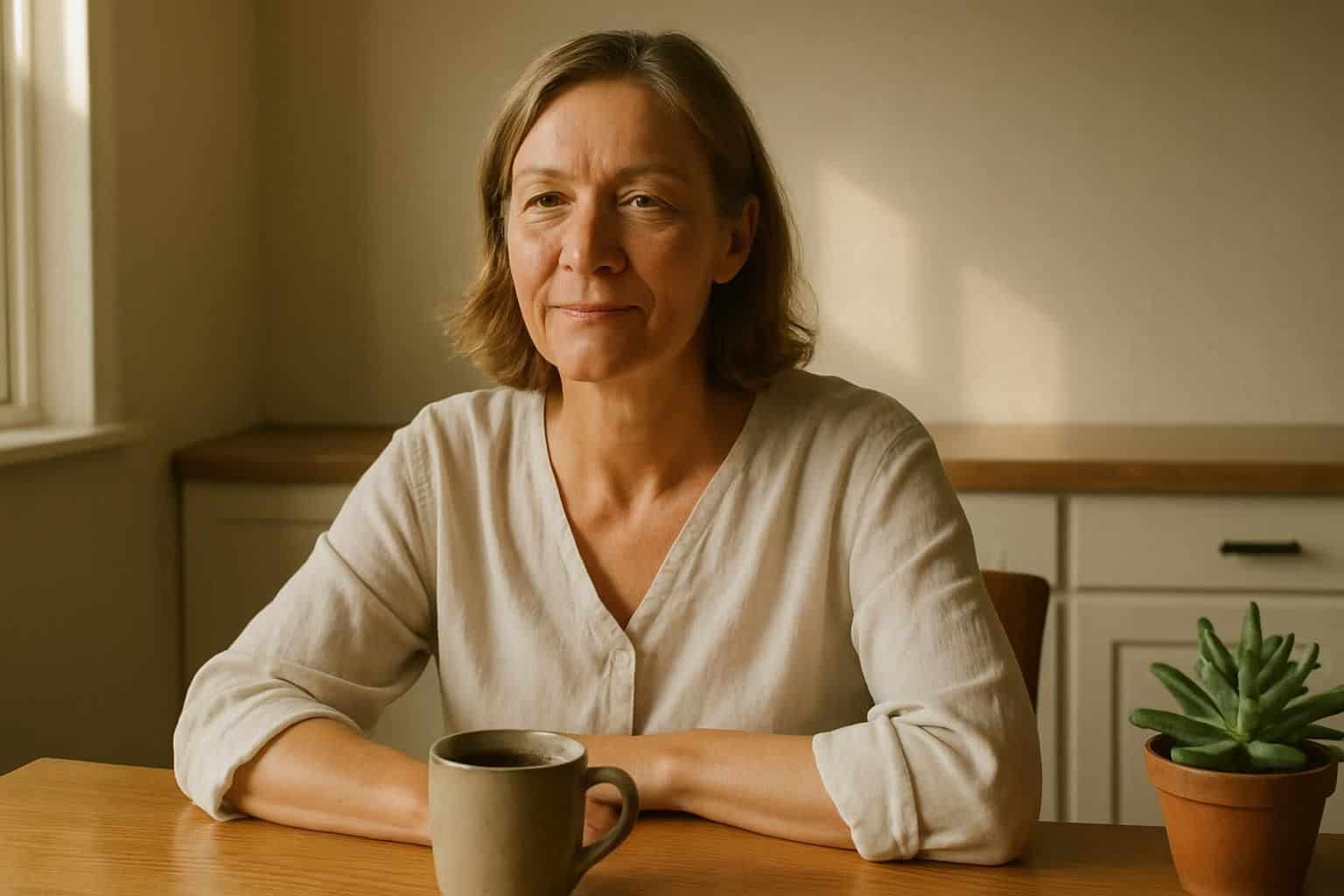 A middle-aged woman sits calmly at a wooden kitchen table with a steaming mug of coffee beside a small succulent. A middle-aged woman sits calmly at a wooden kitchen table with a steaming mug of coffee beside a small succulent.
