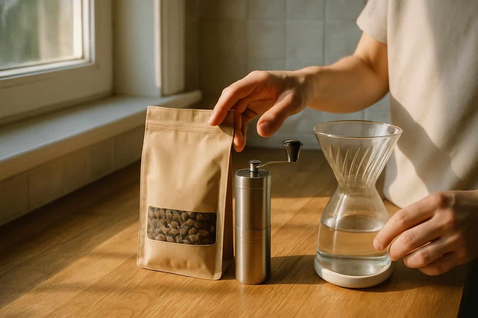 A serene morning scene features a polished oak kitchen counter with coffee beans, a grinder, and a pour-over maker. A serene morning scene features a polished oak kitchen counter with coffee beans, a grinder, and a pour-over maker.